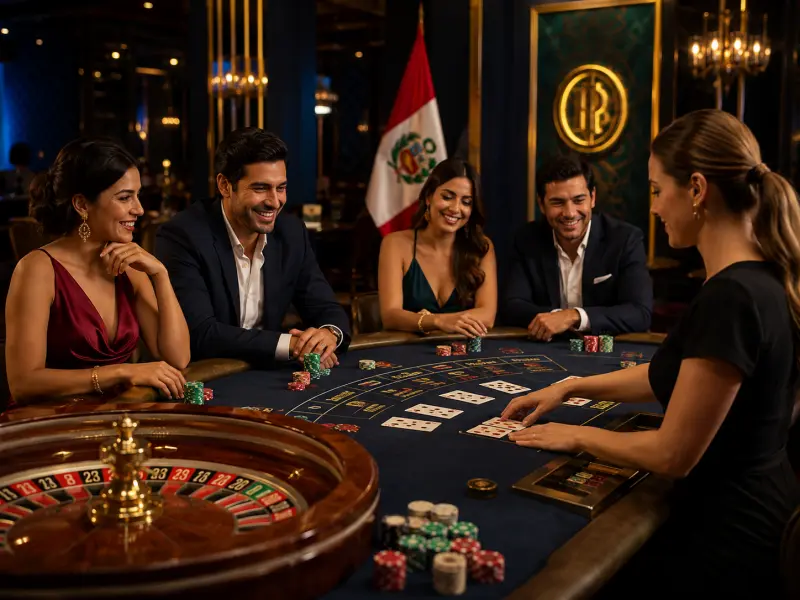 Mesa de casino en vivo con crupier y juegos de ruleta y blackjack