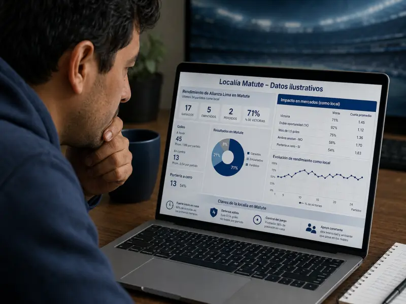 Adulto peruano revisando información de un partido de Alianza Lima en pantalla con datos de localía