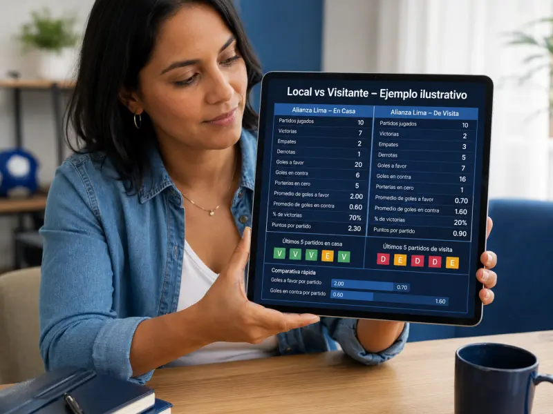 Mujer peruana adulta comparando rendimiento local y visitante de Alianza Lima en tabla de datos