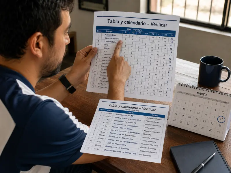 Aficionado peruano revisando tabla de posiciones y calendario de Alianza Lima en Liga 1