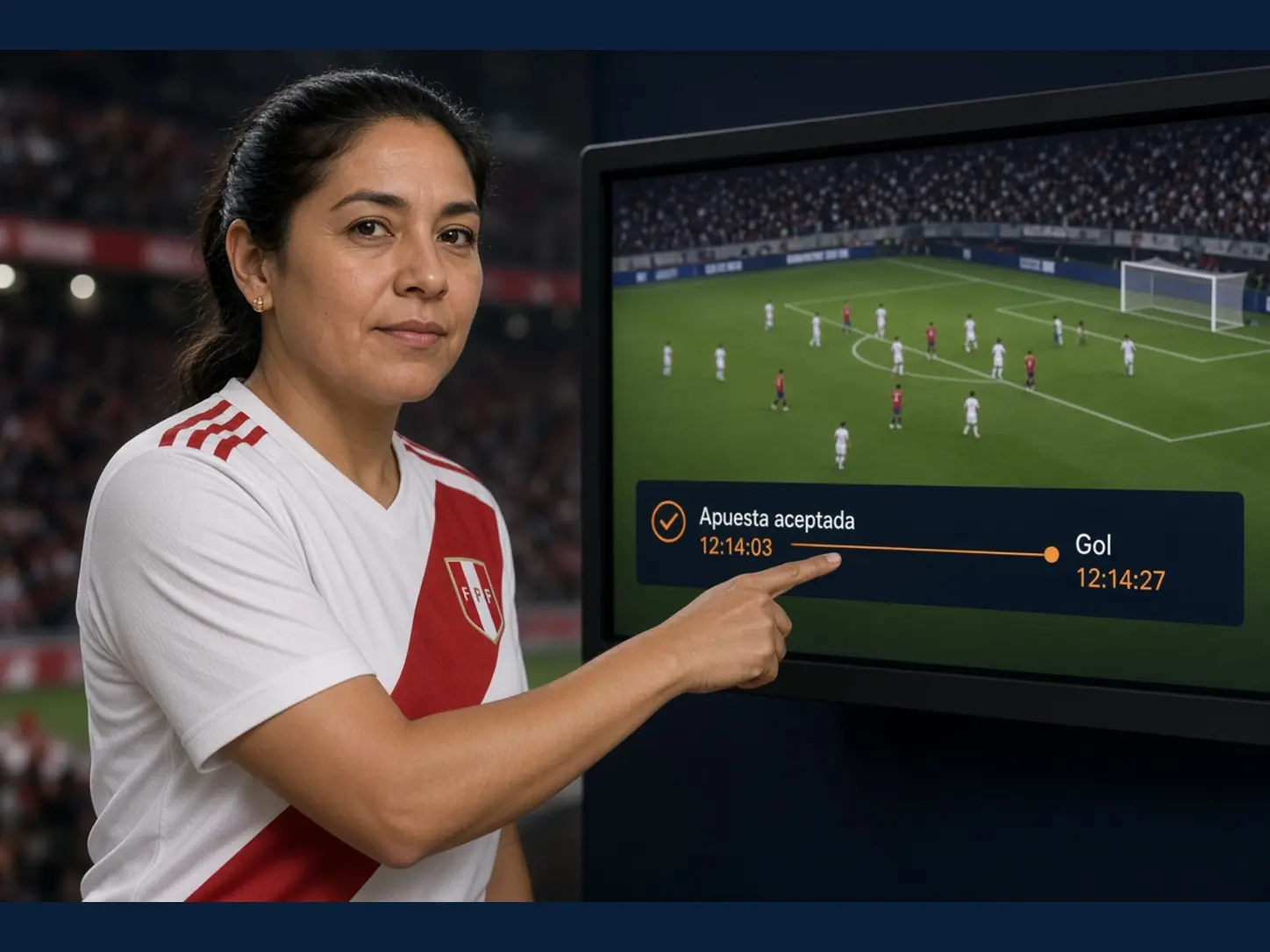 Mujer peruana adulta junto a una pantalla de fútbol comparando la hora de aceptación de una apuesta con la hora de un gol
