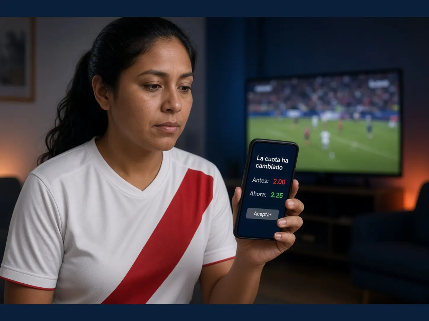 Mujer peruana adulta revisando en su celular un aviso de cambio de cuota antes de confirmar una apuesta en vivo