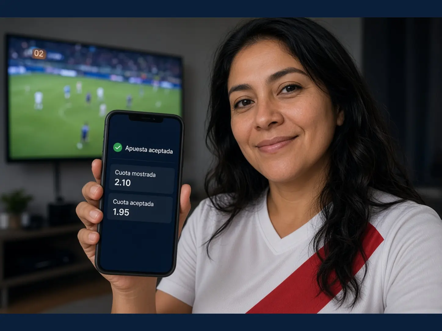 Mujer peruana adulta mostrando en su celular una comparación entre cuota mostrada y cuota aceptada en una apuesta en vivo