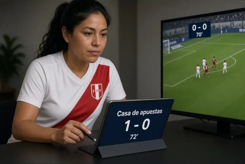 Mujer peruana adulta comparando un marcador de casa de apuestas con una transmisión de fútbol que muestra otro minuto