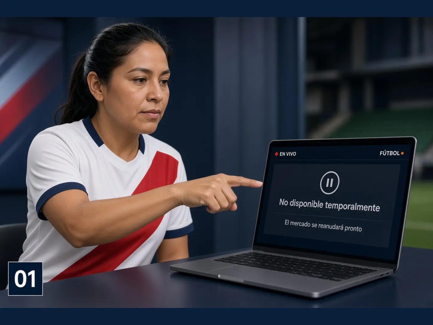 Mujer peruana adulta señalando en una laptop un mercado de apuestas en vivo marcado como no disponible temporalmente