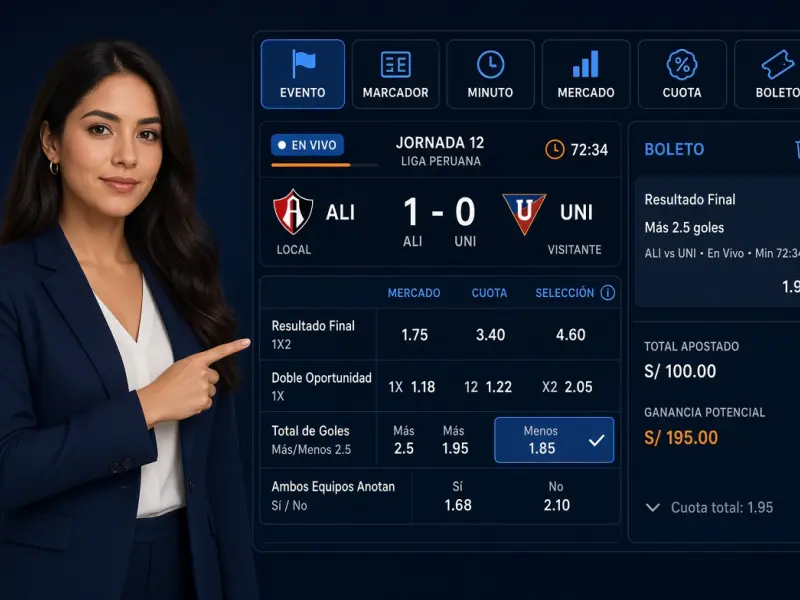 Anatomía de una pantalla de apuestas en vivo con evento marcador tiempo mercado cuota y boleto señalados