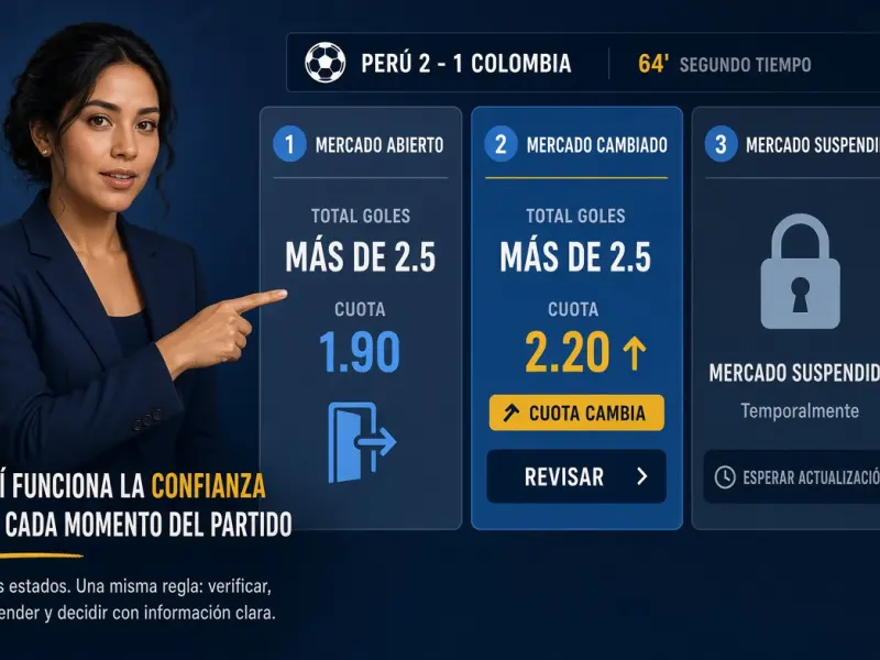 Secuencia visual de una cuota en vivo que cambia y un mercado que queda temporalmente suspendido