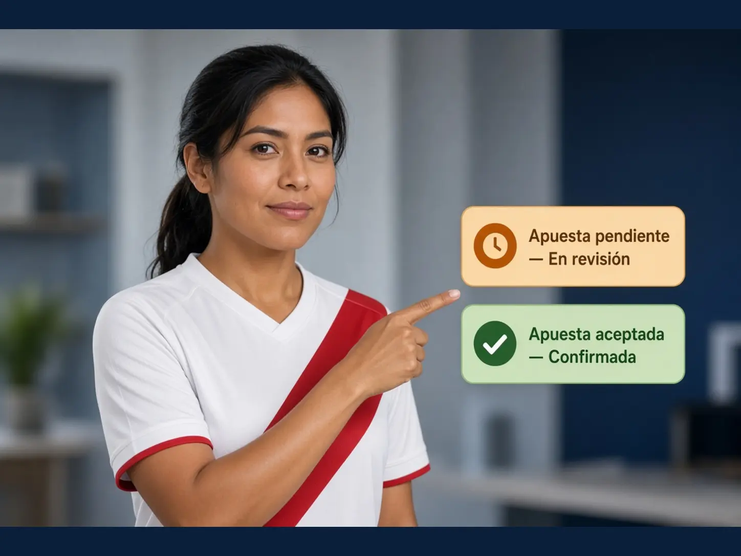 Mujer peruana adulta señalando dos estados de una apuesta en vivo: pendiente y aceptada