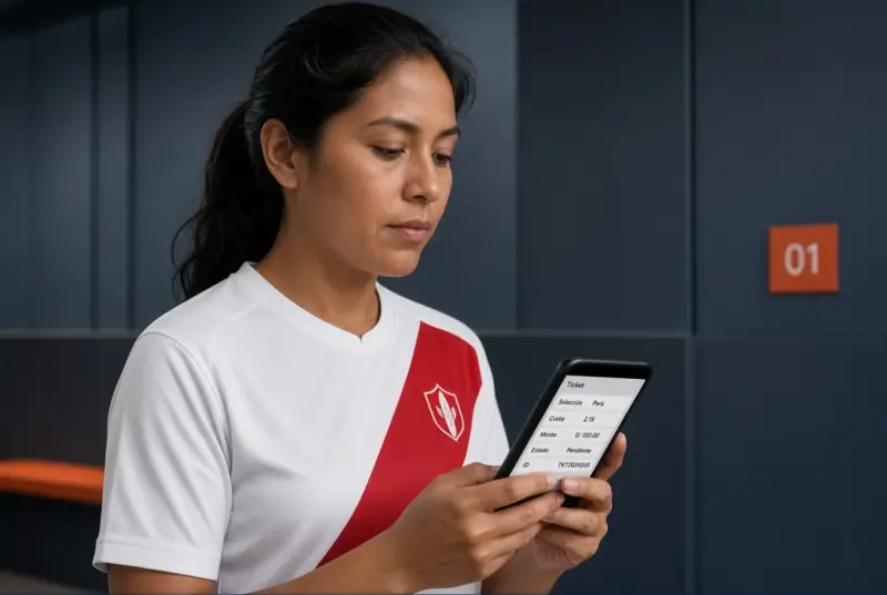 Mujer peruana adulta revisando en su celular los campos principales de un boleto de apuesta en vivo