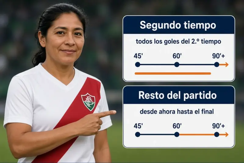 Mujer peruana adulta comparando en dos paneles los goles que cuentan en segundo tiempo y resto del partido