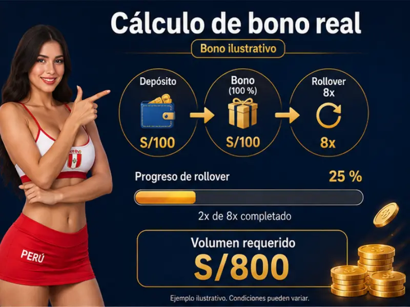Cálculo de bono por depósito con barra de progreso y valores ilustrativos