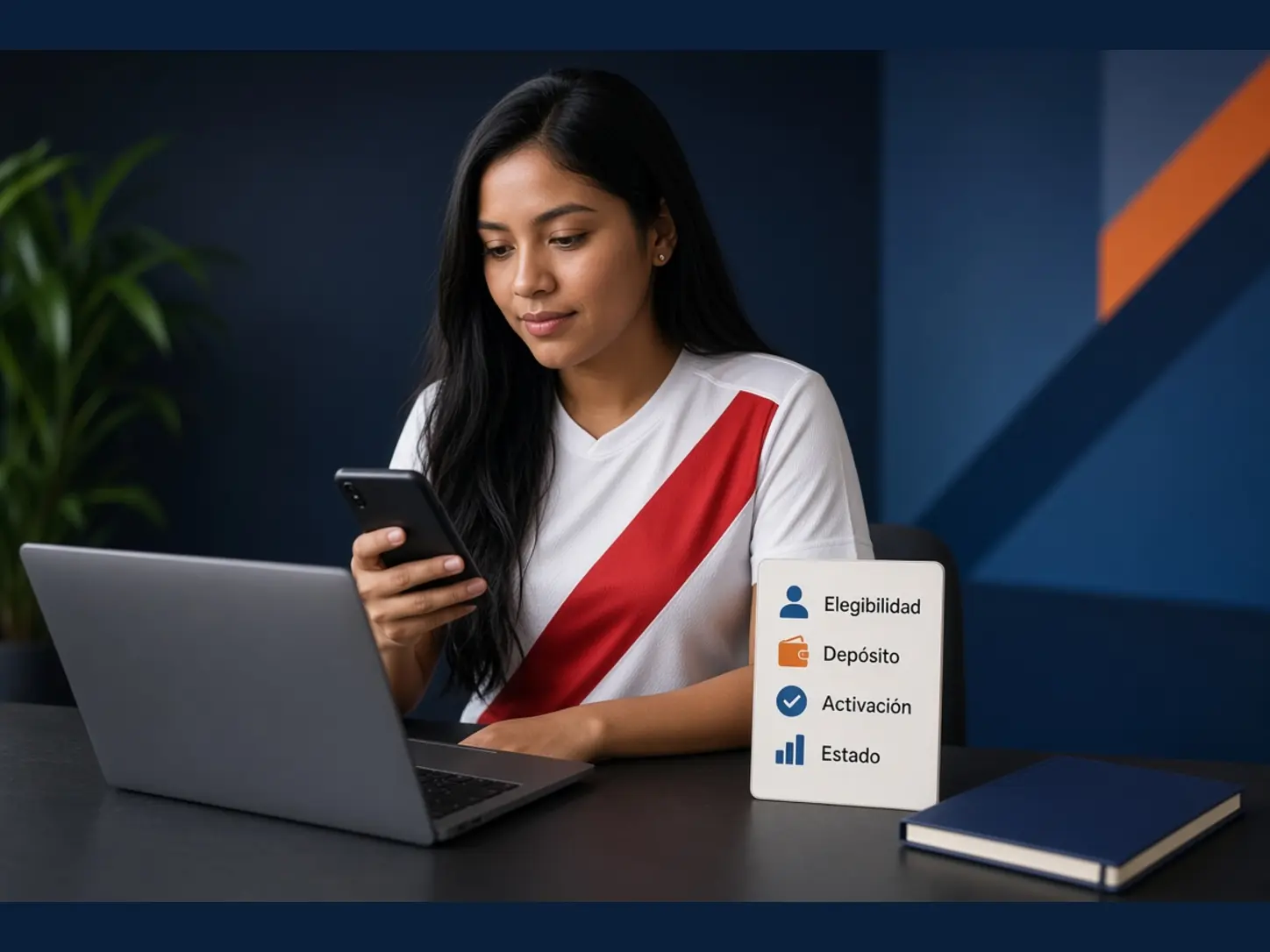 Mujer peruana adulta revisando una lista de comprobación de un bono de bienvenida no acreditado