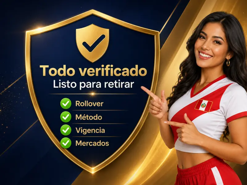 Ilustración de checklist final con elementos de verificación y escudo de seguridad para retiros de bono