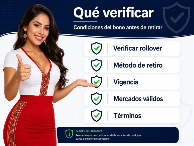 Lista ilustrativa de verificación antes de retirar ganancias del bono con iconos de escudo y check verde