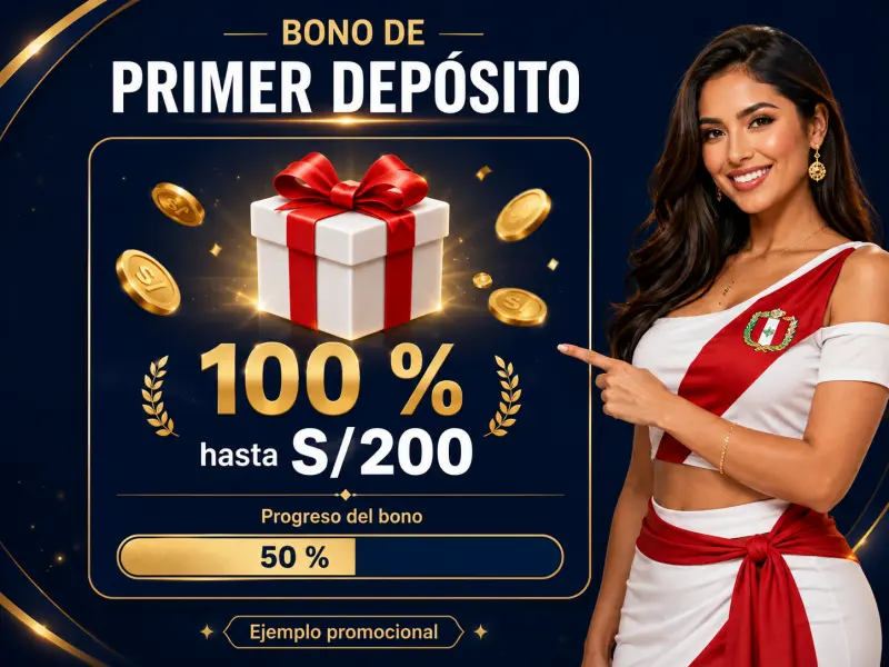 Ejemplo ilustrativo de bono de primer depósito con icono de regalo y barra de progreso dorada sobre fondo oscuro