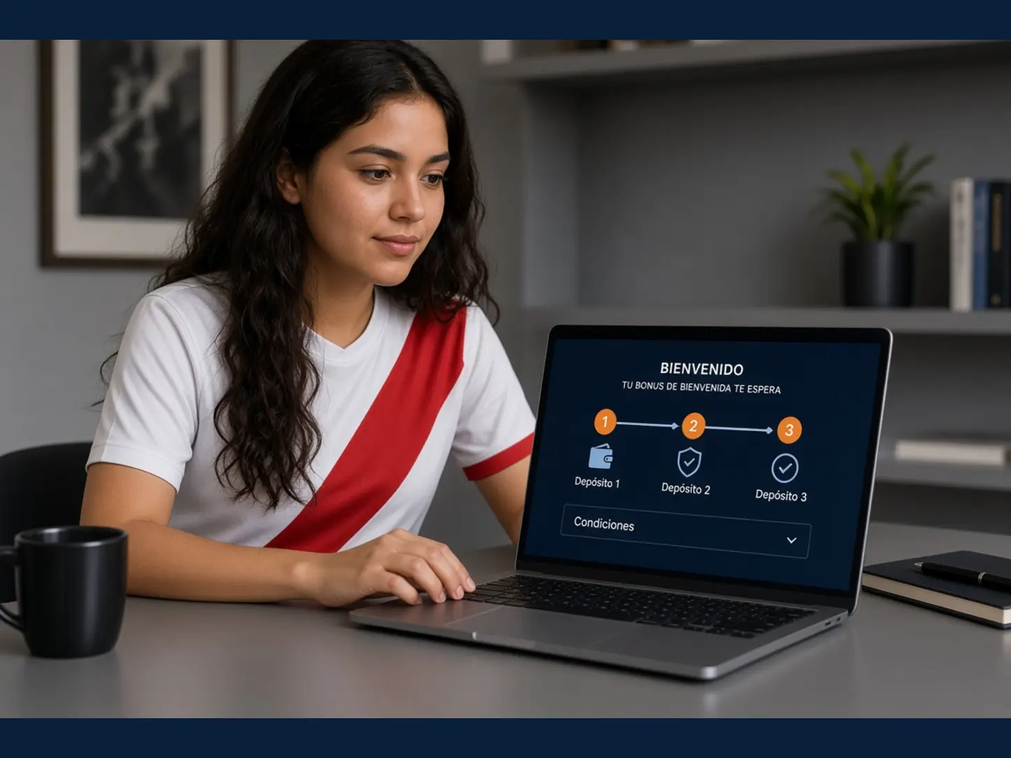 Mujer peruana adulta revisando en una laptop una promoción de bienvenida repartida entre varios depósitos