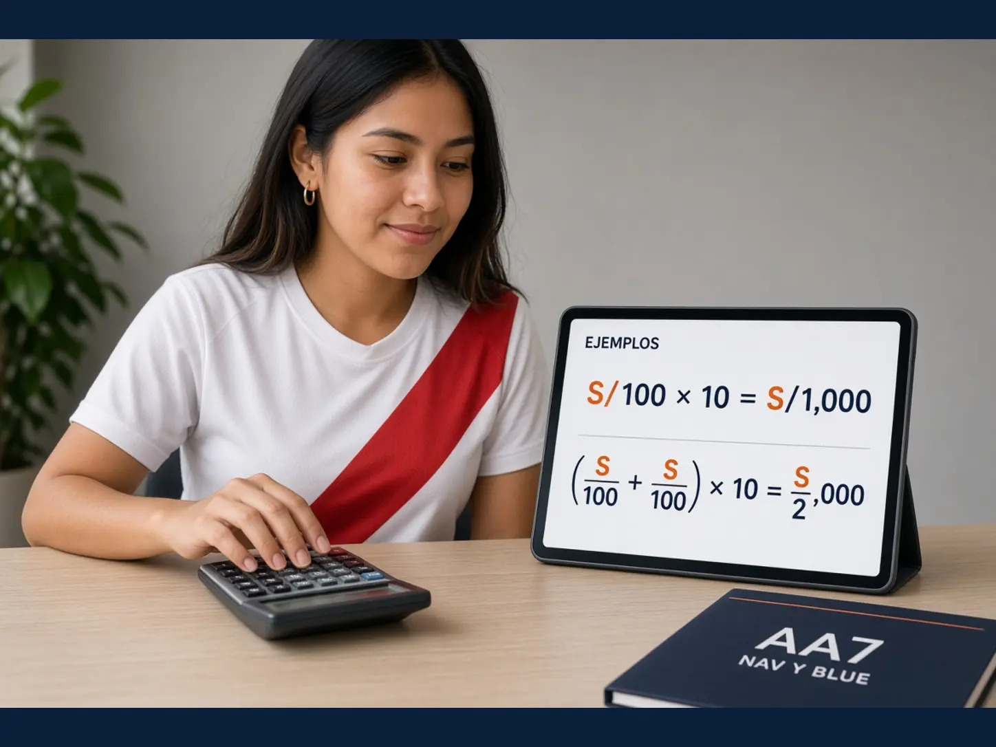 Mujer peruana adulta usando una calculadora junto a un ejemplo de rollover 10x en una promoción de apuestas