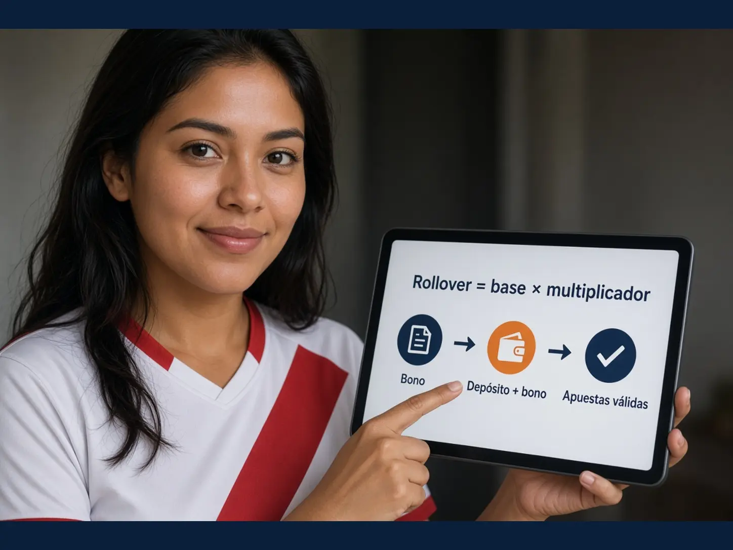 Mujer peruana adulta observando una tarjeta educativa que explica el rollover de un bono de apuestas
