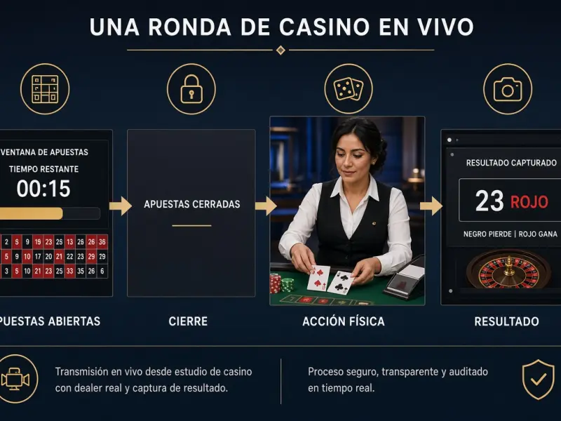 Flujo de una ronda de casino en vivo desde el cierre de apuestas hasta el resultado mostrado en la interfaz