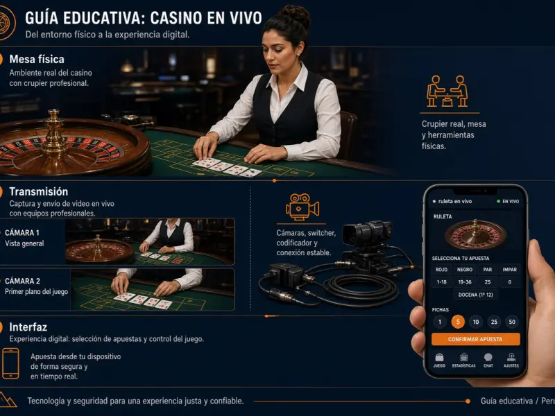 Mesa de casino online en vivo dividida en capa física de crupier y capa digital de apuestas