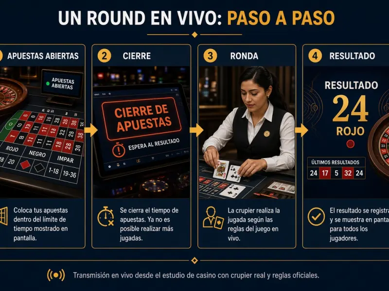 Secuencia de apertura de apuestas, cierre, acción del crupier y resultado en una mesa en vivo