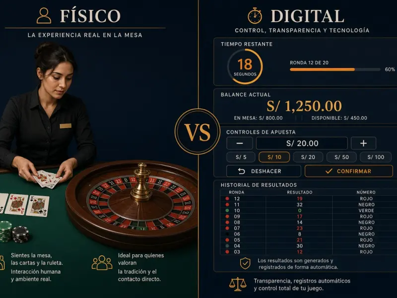 Diagrama que separa los elementos físicos y digitales de una mesa de casino en vivo