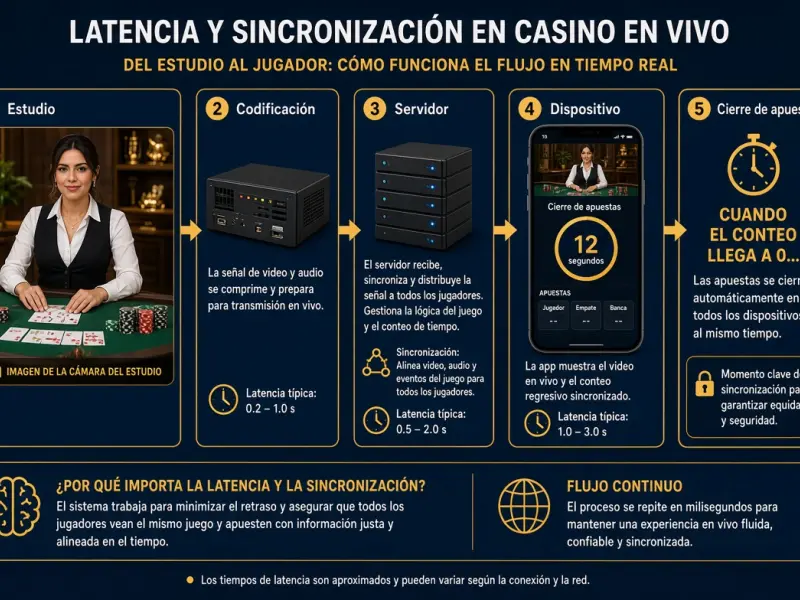 Representación de latencia y sincronización entre estudio, servidor e interfaz de una mesa en vivo