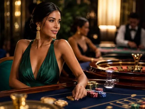 Mesa de casino en vivo con juegos y crupier