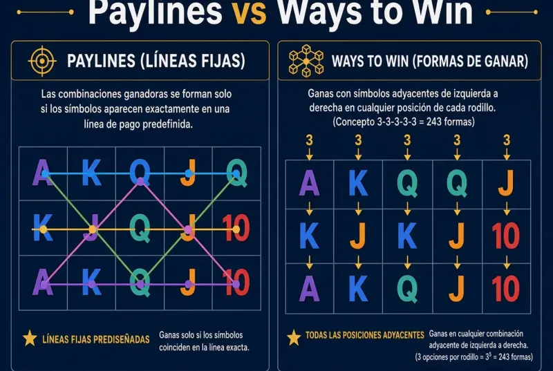 Comparación entre líneas fijas y formas de ganar por símbolos adyacentes
