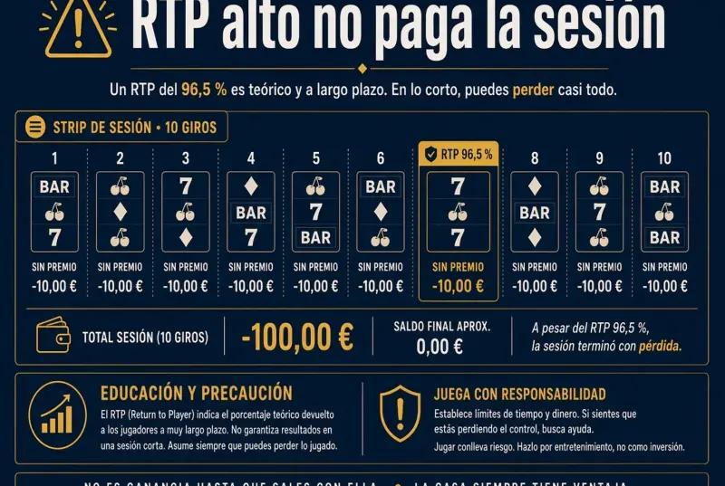 Diez giros ilustrativos en pérdida pese a un RTP teórico alto