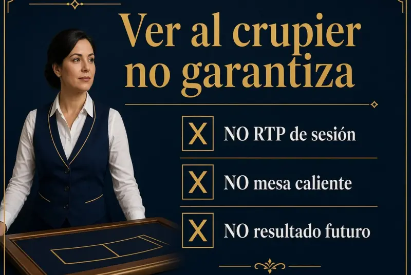 Crupier en estudio con tres advertencias: no RTP de sesión, no mesa caliente, no resultado futuro