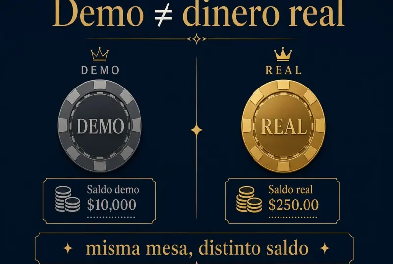Ficha de demostración y ficha de dinero real sobre la misma idea de mesa