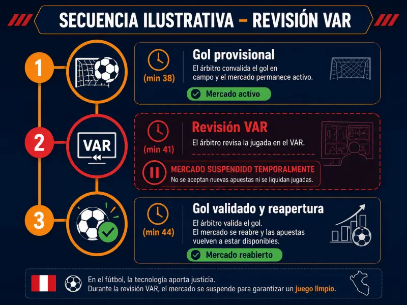 Línea de tiempo con gol, suspensión por VAR y reapertura de mercados