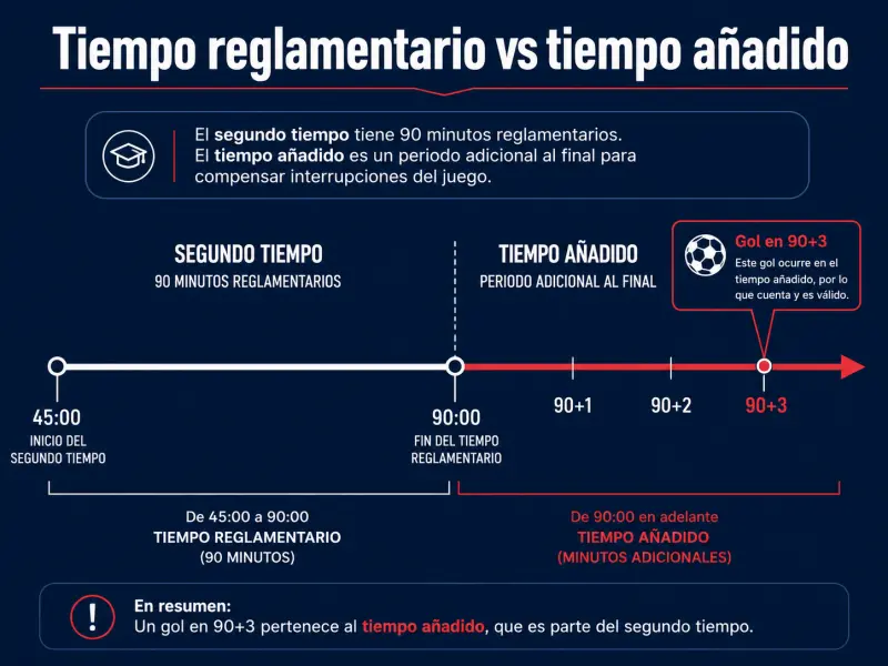 Diagrama que distingue tiempo añadido del segundo tiempo y su efecto en mercados en vivo