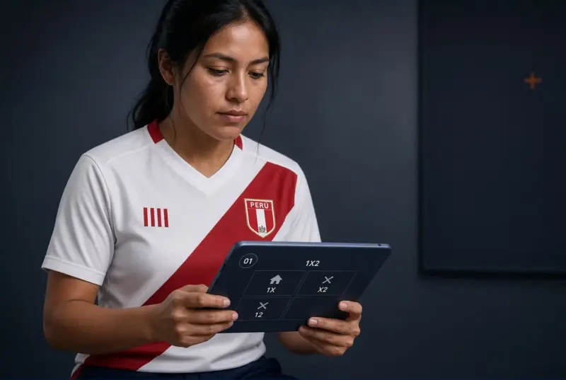 Mujer peruana adulta revisando en una pantalla las opciones 1X2, 1X, X2 y 12 de un partido de fútbol
