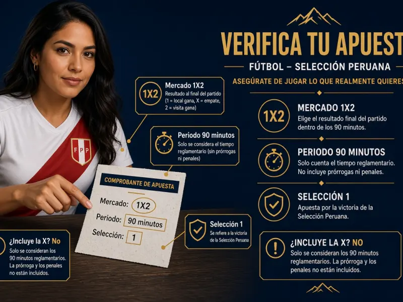 Detalle de boleto 1X2 con campos mercado, periodo 90 minutos y selección 1 resaltados para verificación