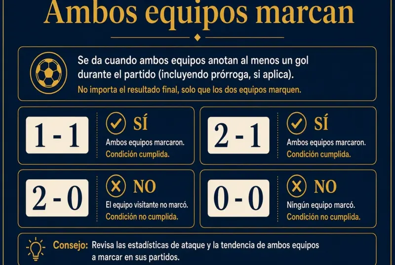 Cuatro marcadores: 1-1 y 2-1 sí ambos marcan; 2-0 y 0-0 no