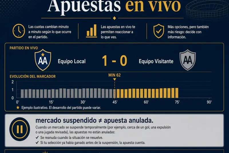 Barra de partido en vivo al minuto 62 con aviso de mercado suspendido distinto de apuesta anulada