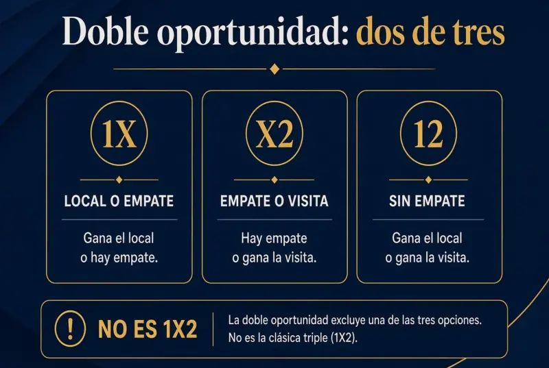 Tres tarjetas 1X, X2 y 12 con su significado de local o empate, empate o visita, y sin empate