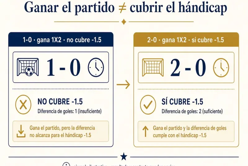 Comparación de un 1-0 que gana el 1X2 y no cubre -1.5 frente a un 2-0 que sí cubre