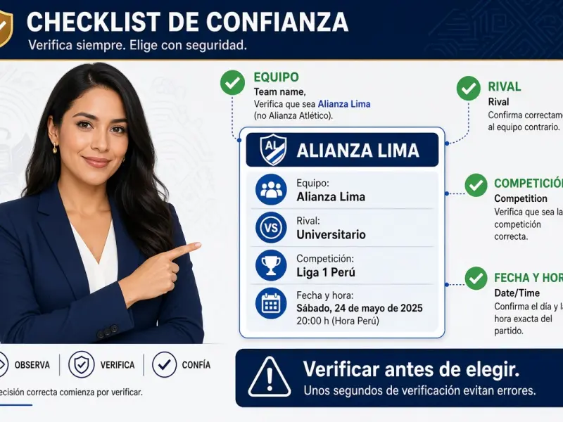 Lista de comprobación para verificar equipo rival fecha y competición antes de abrir un partido de Alianza Lima