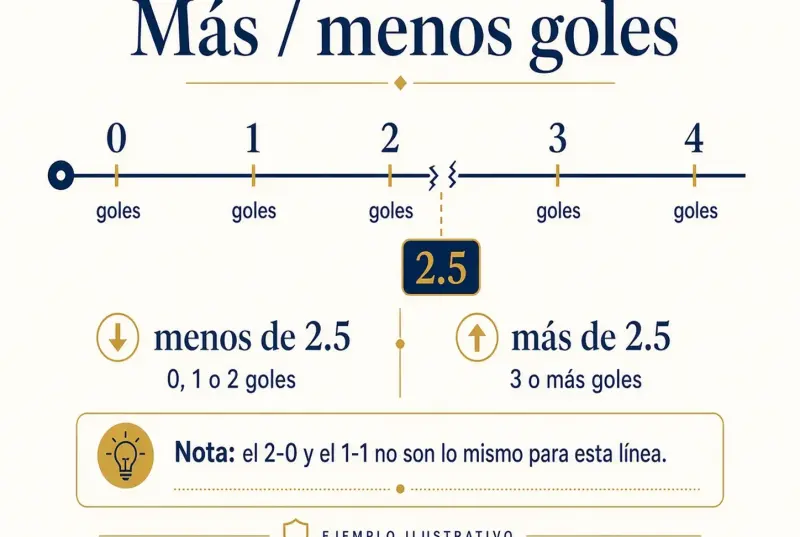 Línea numérica de goles con corte en 2.5 entre menos y más