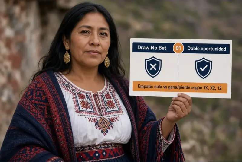 Mujer peruana adulta comparando en dos paneles la liquidación de Draw No Bet y doble oportunidad