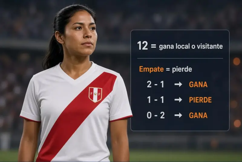 Mujer peruana adulta mostrando que la doble oportunidad 12 cubre victoria local o visitante pero no el empate