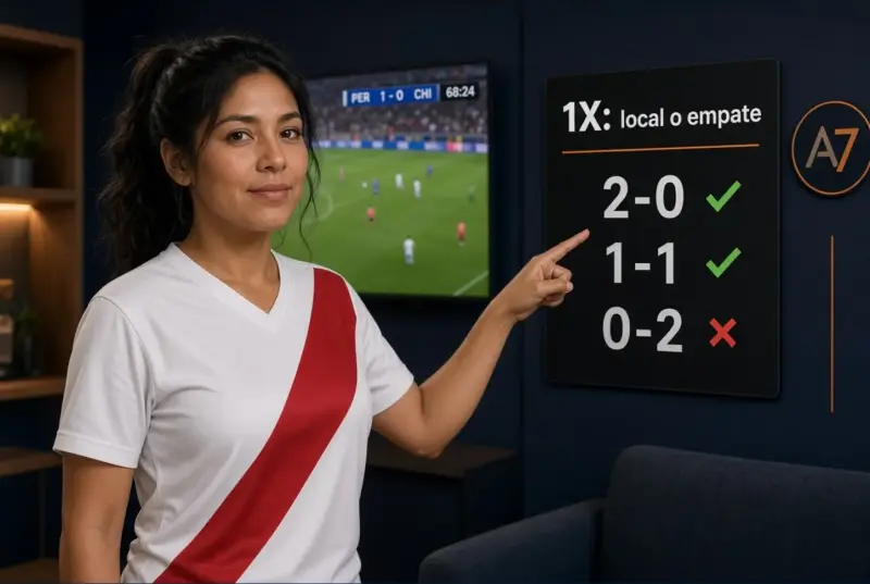 Mujer peruana adulta comparando marcadores de fútbol que hacen ganar o perder una apuesta de doble oportunidad 1X