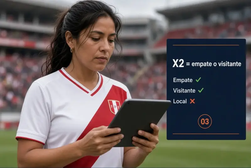 Mujer peruana adulta señalando una comparación X2 con empate, victoria visitante y victoria local en un partido de fútbol