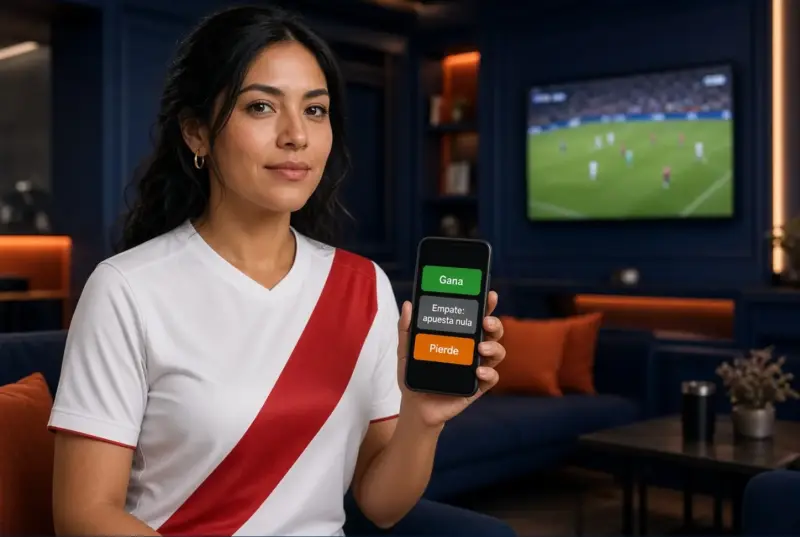Mujer peruana adulta revisando los tres estados de una apuesta Draw No Bet: ganar, empate anulado y perder