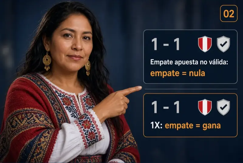 Mujer peruana adulta comparando un boleto Empate Apuesta No Válida con una selección 1X y destacando la diferencia en el empate
