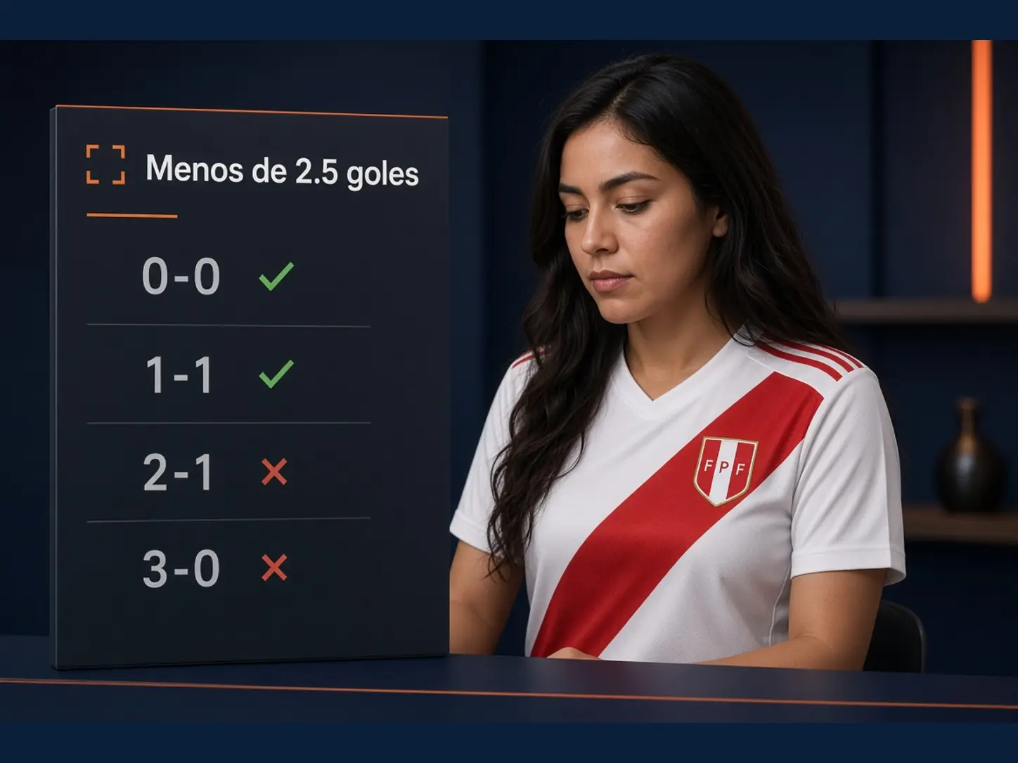 Mujer peruana adulta revisando ejemplos de marcadores que quedan por debajo o por encima de la línea de menos de 2.5 goles