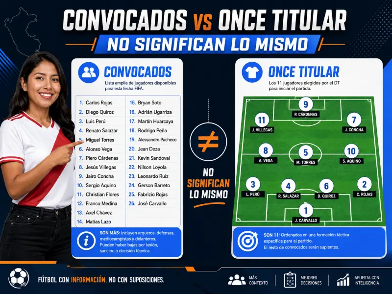 Comparación entre una lista de convocados y un once titular confirmado en fútbol peruano